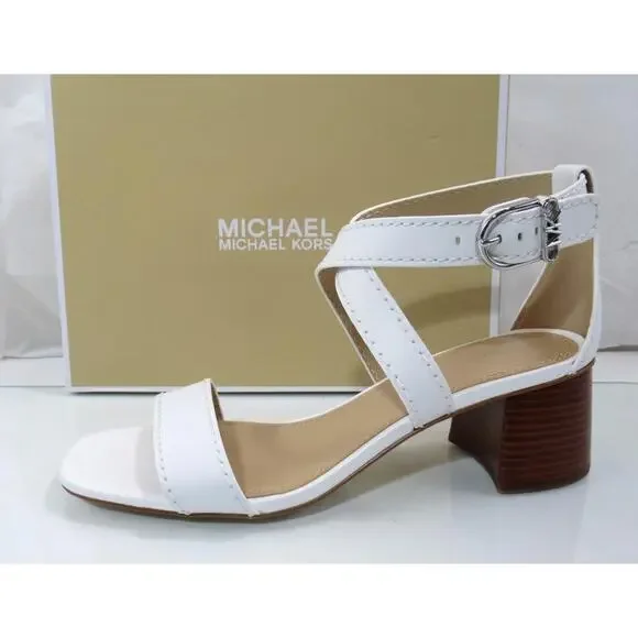 Michael Kors Ashton Mid Crisscross Stacked Block Sandal Leather White Size 9.5 - Picture 2 of 6